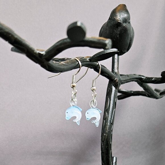 Tiny Blue, Handblown Glass Dolphin Earrings Silver Plate, Coil Ear Wires 1 1/4" - Picture 2 of 7